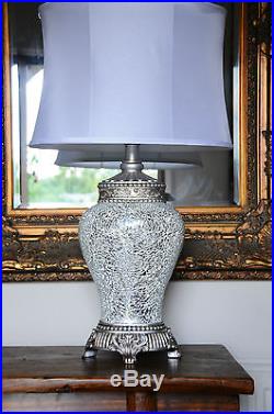 Regency Large Table Lamp 79cm Silver Sparkle Mosaic Base Fabric White Shade
