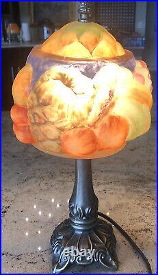 Reproduction Pairpoint Puffy Inspired 16 Glass & Metal Table Lamp Fruits Motif