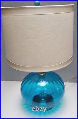 Ribbed Blue Glass Table Lamp And Shade