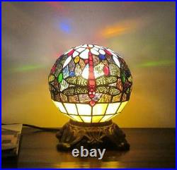 Round Tiffany Style Dark Bronze Dragonfly Stained Glass Accent Table Lamp 10In
