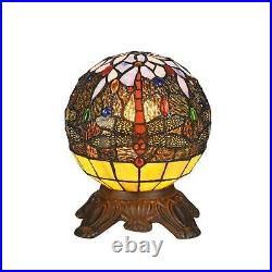Round Tiffany Style Dark Bronze Dragonfly Stained Glass Accent Table Lamp 10In