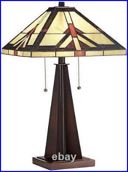 Rustic Accent Table Lamp Bronze Tiffany Style Art Glass Shade for Living Room