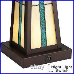 Rustic Accent Table Lamp with Nightlight LED Bronze Tiffany Style Glass Bedroom