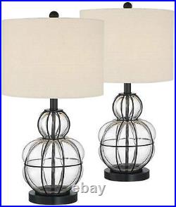 Rustic Table Lamps Set of 2 Bronze Blown Glass Burlap Shade Living Room Bedroom