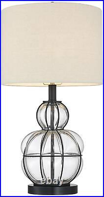 Rustic Table Lamps Set of 2 Bronze Blown Glass Burlap Shade Living Room Bedroom