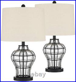 Rustic Table Lamps Set of 2 Bronze Glass Gourd Burlap Shade Living Room Bedroom