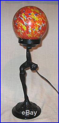 Sarsaparilla Art Deco Lamp with Nude Holding Czech End of Glass Globe