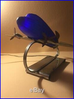 Sarsaparilla Cobalt Blue Art Deco Design Airplane Desk Lamp, Handblown Glass