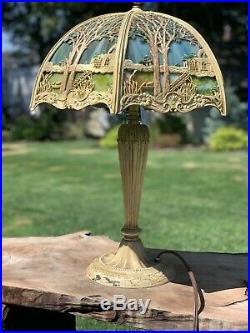Scenic Antique Slag Glass Panel Table Lamp