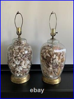 Sea Shell Filled Glass Table Lamps Pair 24 Vintage Coastal Home Decor Tested