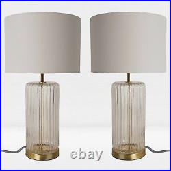 Set of 2 Classic Bronze Rib Glass Table Lamp Bedside Light Ivory Textured Shades