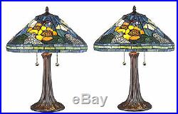 Set of 2 Tiffany Style Golden Poppy Table Lamps Handcrafted 16 Shade