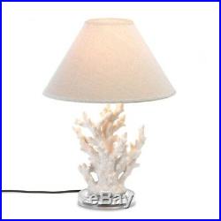Set of 2 White Coral Table Lamps with Neutral Color Fabric Shades Nautical Decor