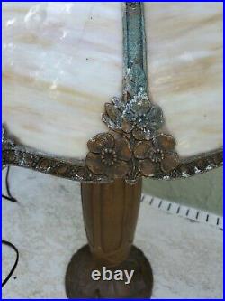 Signed Antique Bradley Hubbard Arts & Crafts Slag Glass Lamp 3 Socket 16 shade