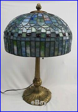 Signed Ornate Antique Chicago Mosaic Lamp Co. Leaded Stained Glass Lamp WORKS