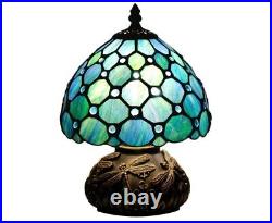 Small Tiffany Lamp Sea Blue Stained Glass Pearl Style Table Lamp, Bronze Mushroom