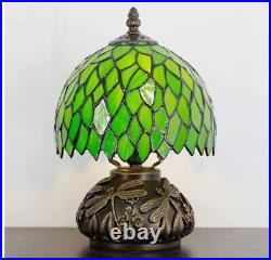 Small Tiffany Lamp W8H11 Inch Green Leaf Style Stained Glass Table Lamp Bronze