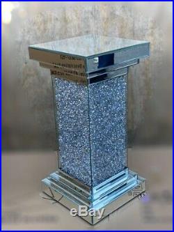 Sparkly Silver 4Side Crushed Diamond Crystal Mirrored Pedestal End Lamp Table UK