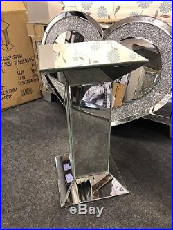 Sparkly Silver Crushed Diamante Crystals Mirrored Pedestal End Lamp Table