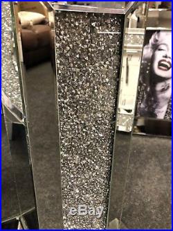Sparkly Silver Crushed Diamante Crystals Mirrored Pedestal End Lamp Table