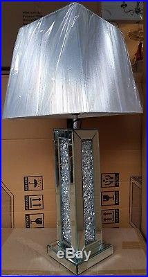 Sparkly Square Table Lamp Silver Mirrored Diamond Crush Crystal Tall