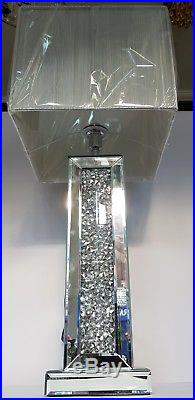 Sparkly Square Table Lamp Silver Mirrored Diamond Crush Crystal Tall with Shade