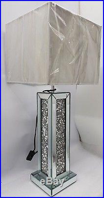 Sparkly Square Table Lamp Silver Mirrored Diamond Crush Crystal Tall with Shade