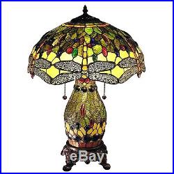 Stained Glass Jeweled 16 inch Two Light Green Forest Dragonfly Table Lamp