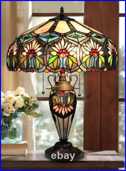 Stained Glass Table Desk Lamp Tiffany Style Double Lit Floral Design Shade