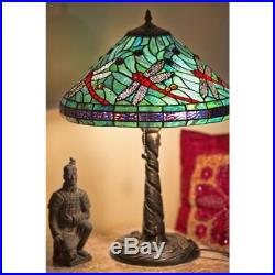 Stained Glass Table Lamp Tiffany Style Elegant Blue Shade Red Dragonfly 2 LIghts