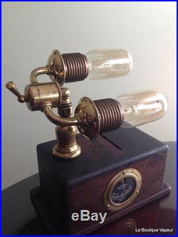 Steampunk table lamp light brass diesel industrial handmade recycled wood meter