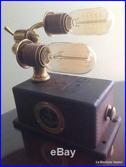 Steampunk table lamp light brass diesel industrial handmade recycled wood meter