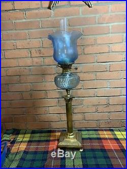 Stunning Blue Glass Victorian Corinthian Column Twin Duplex Table Oil Lamp