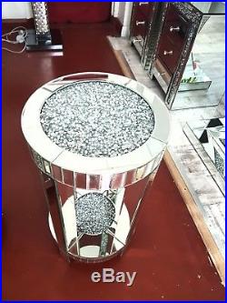 Stunning Large Round Crushed Crystal Mirrored Glass Lamp Table Home Decor