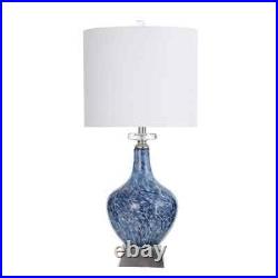 StyleCraft 32 in. Marbled Blue Art Glass Body Table Lamp with Fabric Shade