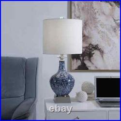 StyleCraft 32 in. Marbled Blue Art Glass Body Table Lamp with Fabric Shade