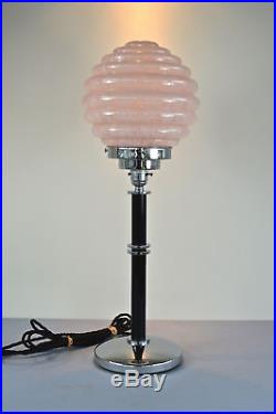Superb Art Deco table lamp Chrome with pink ribbed mottled glass shade c. 1920