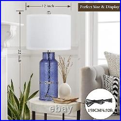 TOBUSA Blue Modern Glass Table Lamps for Bedroom Set Of 2, White Linen Lampshad