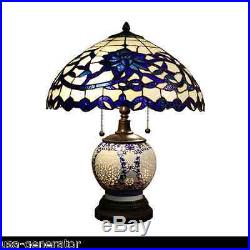 Table Lamp 2 Light Lit Base Tiffany Vintage Styl Stained Art Glass Blue 21x17H