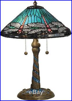 Table Lamp Dale Tiffany Cone Dragonfly 2-light Blue Antique Bronze Metal