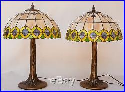 Table Lamp Pair Tiffany Style Lamps Stained Glass Bronze Set of 2 Vintage Lights