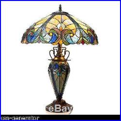 Table Lamp Stained Cut Glass Tiffany Vintage Style 2 Light Lit Base Handcrafted