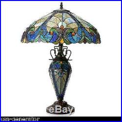 Table Lamp Stained Cut Glass Tiffany Vintage Style 2 Light Lit Base Handcrafted