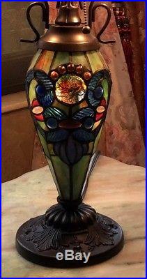 Table Lamp Stained Glass Shade 2 Light Lit Base Tiffany Style Vintage 18 D