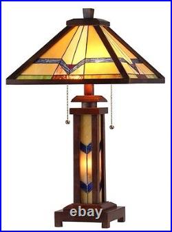 Table Lamp Stained Glass Wood Frame Light Mission Arts & Crafts Tiffany Style