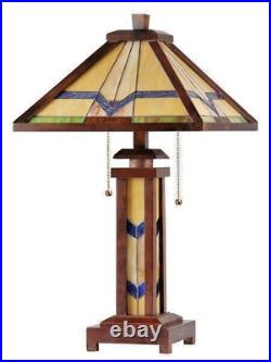 Table Lamp Stained Glass Wood Frame Light Mission Arts & Crafts Tiffany Style