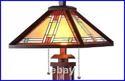 Table Lamp Tiffany Mission Style Beige Amber Green Stained Glass Shade Lit Base