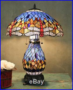 Table Lamp Tiffany Style Blue Stained Glass Shade with Red Dragonfly & Lit Base