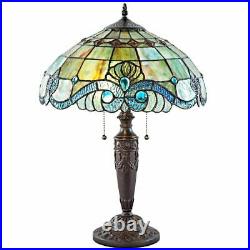 Table Lamp Vintage Tiffany Style Blue Green Stained Glass Shade Bronze Finish