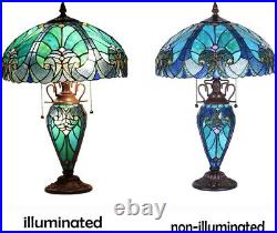 Table Lamp with Night Light 16inch Large Stained Glass Victorian Style Sea Green